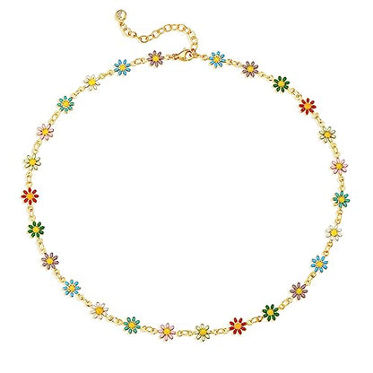 MTMY Beaded Necklaces for Women 14K Gold Plated Dainty Colorful Green/Rose Beaded Pearl Choker Necklace Delicate Boho Choker Necklace Jewelry Gift - style: Colorful daisies