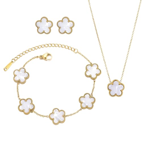 Clover Neckalce Earring Set for Women 14K Gold Plated Stainless Steel Four Leaf Clover Jewelry Set - color: G-White