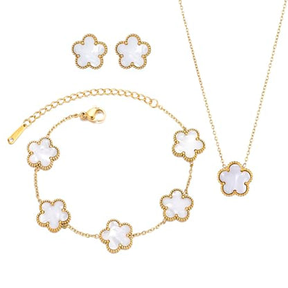 Clover Neckalce Earring Set for Women 14K Gold Plated Stainless Steel Four Leaf Clover Jewelry Set - color: G-White