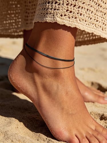 U7 Silver/Gold/Black Ankle Bracelets for Women Layered Chain Anklets | Stainless Steel Anklets Waterproof Summer Beach Anklet Charm, Adjustable 8.5"-10.5",Layered Anklet Fashion - color: Black - Flat Snake Chain+Snake Chain