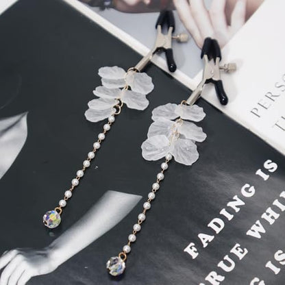 Unisex Nipple Jewelry Non Piercing Flower Pearl Dangle Fake Nipple Rings Faux Piercing Body Jewelry for Women