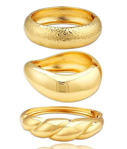 Chunky Gold Bangle Bracelets for Women, 14K Gold Plated Wide Cuff Bracelet | Stackable Open Cuff Bangles, Trendy Statement Jewelry Gift for Women - color: Gold-14