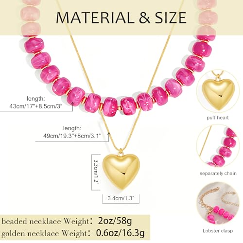 YUJIE Chunky Heart Pendant Necklace for Women- Exaggerated Statement Puff Heart Necklace with Acrylic Beaded Chain - color: B-HOT PINK