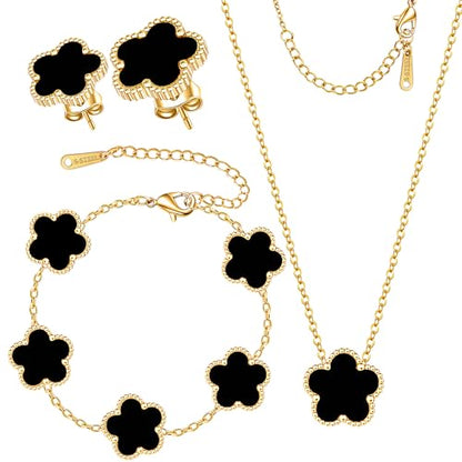 Clover Jewelry Set 3 PC - 18K Gold Plated Stainless Steel Y Necklace Four Leaf Pendant, Clover Link Bracelet Charm, Flower Earrings, Hypoallergenic Non-Tarnish,Simple Luxury Lucky Gifts for Women - color: Black