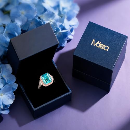 Moissa 8ct Sunset Glow Radiant Cut Halo Cocktail Ring for Women | 14K Gold Plated Tarnish-Resistant Silver Ring, 12x10mm Lab Zircon, Bold Statement Ring for Party, Engagement & Anniversary - color: Vivid Blue