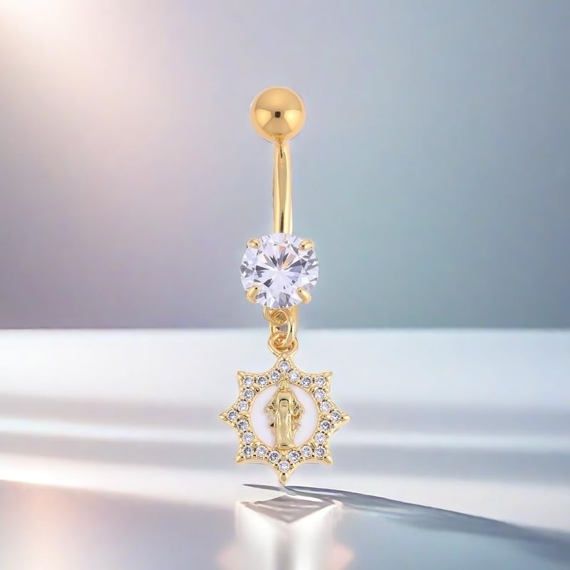 B BodyPJ Sparkles 14G Religious Belly Button Ring with Crystal Cross and Religious Charms, Stainless Steel - style: Type D,Gold