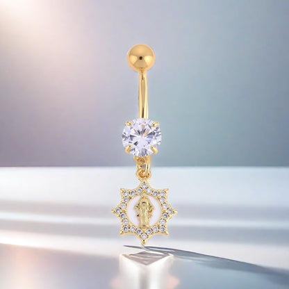 B BodyPJ Sparkles 14G Religious Belly Button Ring with Crystal Cross and Religious Charms, Stainless Steel - style: Type D,Gold