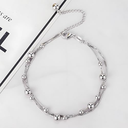 925 Sterling Silver Double Layer Box Chain Beaded Anklet | Italian Style Chain, Dual-purpose Anklet/Bracelet with Lobster Clasp, Adjustable Up to 11 Inches for Women