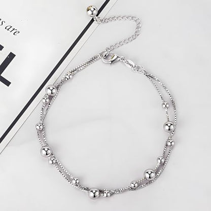 925 Sterling Silver Double Layer Box Chain Beaded Anklet | Italian Style Chain, Dual-purpose Anklet/Bracelet with Lobster Clasp, Adjustable Up to 11 Inches for Women