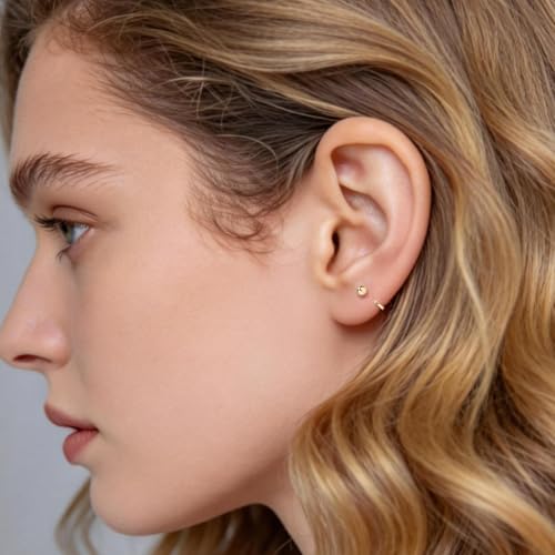 925 Sterling Silver 14K Gold Plated Huggie Half Hoop Earrings | Sleep-Friendly Poke-Free Hypoallergenic Stackable Earring Comfortable & All Day Wear - color: Ball-Yellow Gold