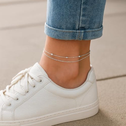SVB 925 Sterling Silver Double-Strand Satellite Anklet – Adjustable, Hypoallergenic, Minimalist Jewelry for Women