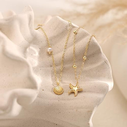 Shell Starfish Charm for Women, Dainty Layered 14K Gold Plated Seashell Conch Starfish Pearl Pendant Necklace for Women Stack Trendy Beach Cuban Link CZ Chain Necklace Summer Vacation Jewelry - color: 2PCS / Starfish & Shell Pearl