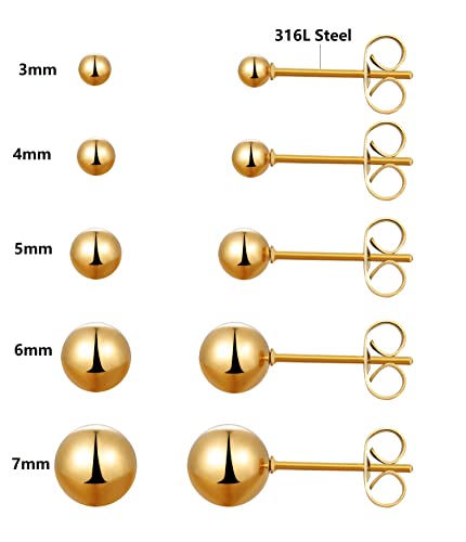 6 Pairs Surgical Stainless Steel Round Ball Stud Earrings Set for Women Men 3-7mm - style: 3/4/5/6/7mm Ball Stud Earrings Gold