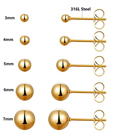 6 Pairs Surgical Stainless Steel Round Ball Stud Earrings Set for Women Men 3-7mm - style: 3/4/5/6/7mm Ball Stud Earrings Gold