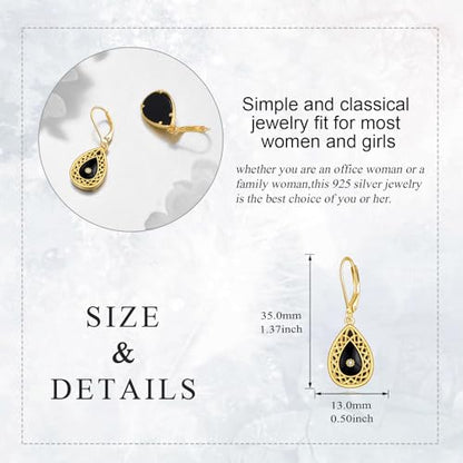 Sterling Silver Black Onyx Earrings for Women 18K Yellow Gold Plated Jewelry Gifts - style: Filigree Teardrop 2
