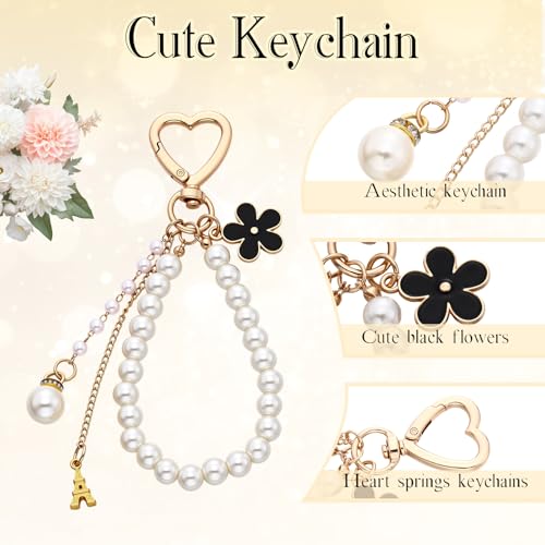 Sureio 5 Pcs Bag Extender Chain Pearl Purse Chain Ribbon Bow Keychain Extender Bag Strap Purse Charms Accessories for Handbag - color: Gold and Black