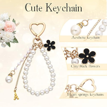 Sureio 5 Pcs Bag Extender Chain Pearl Purse Chain Ribbon Bow Keychain Extender Bag Strap Purse Charms Accessories for Handbag - color: Gold and Black