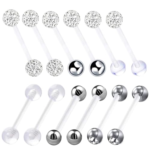 12pc Flexible Acrylic Bar Coated CZ Crystal Ball Barbell Tongue Ring Stud Nipple Body Piercing Bioflex Retainer Jewelry Set - color: White