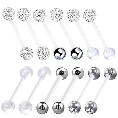 12pc Flexible Acrylic Bar Coated CZ Crystal Ball Barbell Tongue Ring Stud Nipple Body Piercing Bioflex Retainer Jewelry Set - color: White