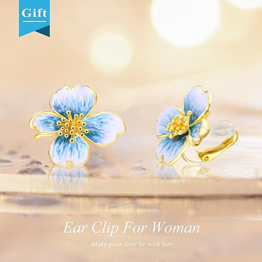 Clip on Earrings Women, 14K Gold Plated Earrings for Sensitive Ears, Fashion Women's Earrings Jewelry Birthday Gift for Wife Grandma Daughter Girls on Christmas Thanksgiving - color: Cherry Blossom Blue Gradient Color Earrings