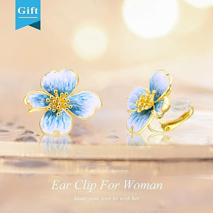 Clip on Earrings Women, 14K Gold Plated Earrings for Sensitive Ears, Fashion Women's Earrings Jewelry Birthday Gift for Wife Grandma Daughter Girls on Christmas Thanksgiving - color: Cherry Blossom Blue Gradient Color Earrings