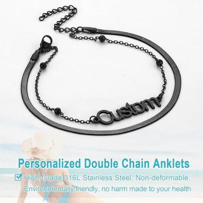 U7 Custom Layered Ankle Bracelets for Women Stainless Steel Bead/Cuban/Figaro/Rope/Wheat Chain Anklet Waterproof Anklet Jewelry for Beach Vacation - color: c-Black-Herringbone Chain