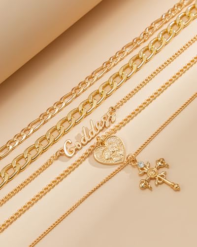 Gold Layered Necklaces for Women Chunky Layered Gold Necklaces Stacked Paperclip Chain Pearl Necklace Herringbone Toggle Clasp Choker Trendy Statement Jewelry Gifts - color: B1:gold layered necklaces