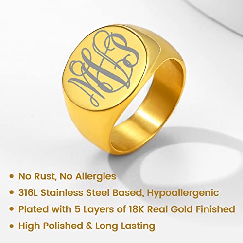 GoldChic Jewelry Personalized Signet Rings Men Women, Stainless Steel Custom Photo Bold Square/Oval Monogram/Old English Initial Pinky Stacking Statement Ring in Black/Silver/Gold (Size 7-14) - color: Gold-Monogram -Round