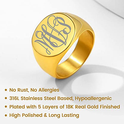 GoldChic Jewelry Personalized Signet Rings Men Women, Stainless Steel Custom Photo Bold Square/Oval Monogram/Old English Initial Pinky Stacking Statement Ring in Black/Silver/Gold (Size 7-14) - color: Gold-Monogram -Round