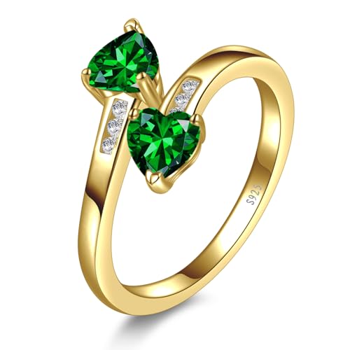Yaresul 1CT Adjustable Women Heart Ring 14K Gold Plated Birthstone Rings for Women Promise Ring for her Simulated Gemstone Statement Stackable Band Width 2mm Open Size 5~9 - color: E-May-Created Emerald