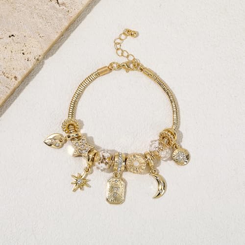 Madison Tyler Gold Plated Bracelet for Women | Celestial Rectangular Plaque Evil Eye Ace of Hearts Playing Card Beaded Charm Bracelet | Cute Adjustable Snake Chain Bracelet - style: Celestial Rectangular Plaque