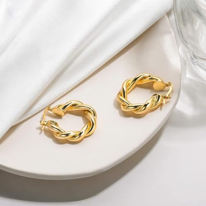 Twisted Hoop Earrings for Women, 18K Gold Plated Chunky Twist Hoops | Lightweight Rope Hoop Earrings | High Polish Finish | Secure Clasp | Comfortable Everyday Minimalist Jewelry