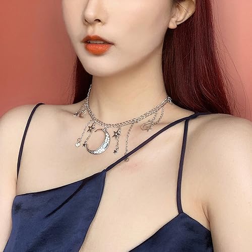 Moon Stars Tassel Pendant Necklaces Big Moon Clavicle Necklace Star Tassel Collarbone Chain Fashion Moon Choker Celestial Star Long Tassel Neck Accessories Jewelry for Women - color: Silver
