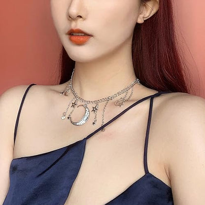 Moon Stars Tassel Pendant Necklaces Big Moon Clavicle Necklace Star Tassel Collarbone Chain Fashion Moon Choker Celestial Star Long Tassel Neck Accessories Jewelry for Women - color: Silver