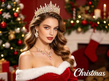 Kamirola Tiaras and Crowns for Women,Tiaras Earrings Necklace, Crystal Bridal Jewelry Set, Costume Jewelry for Women Party Halloween Prom Pageant - color: Gream Pink