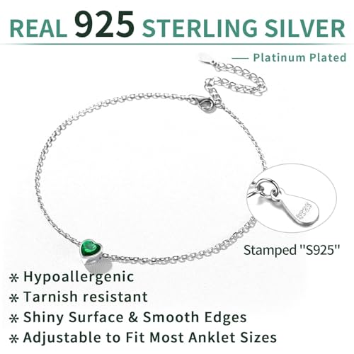 ChicSilver 925 Sterling Silver Anklets for Women, Simple Dainty Round/Heart Birthstone Ankle Bracelet Beach Foot Jewelry, 8.7-10.7 Inch Adjustable - color: 05. Heart - May(Emerald)