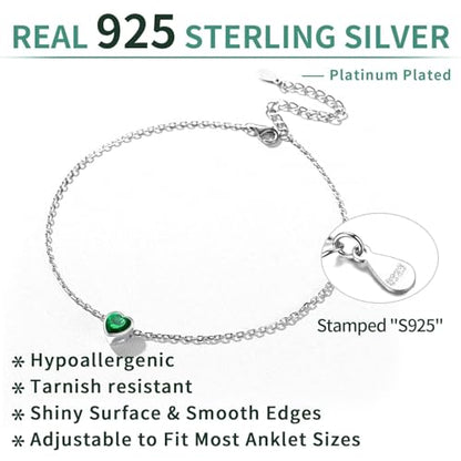 ChicSilver 925 Sterling Silver Anklets for Women, Simple Dainty Round/Heart Birthstone Ankle Bracelet Beach Foot Jewelry, 8.7-10.7 Inch Adjustable - color: 05. Heart - May(Emerald)