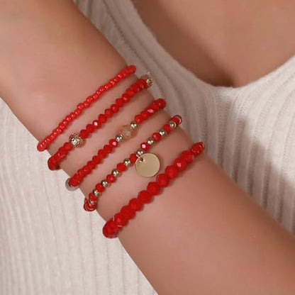 Bohemian Handmade Crystal Seed Beads Disc Pendant Colorful Multilayered Elastic Bracelets Stackable Stretch Strand Bangles Friendship Summer Beach Jewelry for Women - color: red 1