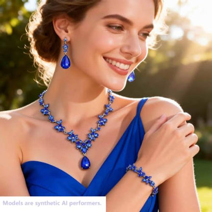 Kamirola Bridal Jewelry Set, Jewelry Set for Women, Necklace Dangle Earrings Bracelet Set, White Gold Plated (TR76) - color: Blue