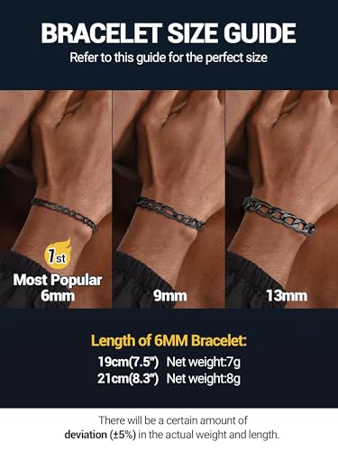 PROSTEEL Bracelets for Men, Figaro/Cuban Mens Bracelet, Silver/Gold/Black | 6/9/13mm Width, 7.5/8.3/9" Length, Stainless Steel Mens Bracelet, Durable & Non Tarnish, Chunky Jewelry with Gift Box - style: A 6mm-Figaro-Black