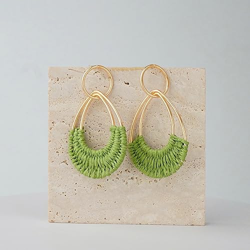 Raffia Hoop Earrings for Women Fun Boho Summer Beach Earrings Lightweight Handmade Straw Wicker Rattan Dangle Earrings Statement Geometric Round Drop Earrings - color: Green - Teardrop