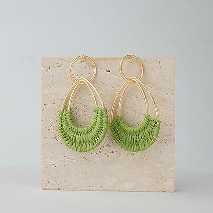 Raffia Hoop Earrings for Women Fun Boho Summer Beach Earrings Lightweight Handmade Straw Wicker Rattan Dangle Earrings Statement Geometric Round Drop Earrings - color: Green - Teardrop