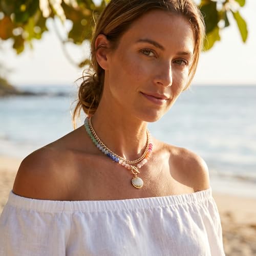Colorful Acrylic Beaded Necklace For Women, Boho Double Layer Rainbow Beads Thick Cuban Chain Chunky Heart Pendant Statement Choker Summer Beach Jewelry Gift - color: Colorful Gold CZ Shell