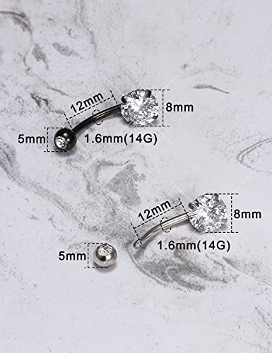 Long Belly Button Ring 6mm 8mm 10mm 12mm 14mm Surgical Stainless Steel Round Cubic Zirconia Navel Barbell Long Bar Belly Button Piercing Jewelry Silver, black, rose gold belly ring - color: 3pcs-12mm-colour mixture belly rings