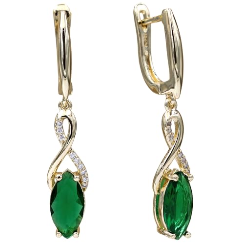18K Gold Plated Flower Dangle Earrings for Women, Hypoallergenic Cubic Zirconia Earrings, Elegant CZ Drop Earrings, Statement Jewelry Gifts Party Fashion - style: OBS7523-GreenCatEye