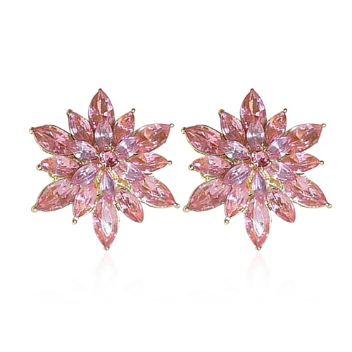 Crystal Flower Burst Stud Earrings Large Big Sparkly CZ Cubic Rhinestone Floral Cluster Flower Stud Earrings Bridal Wedding Party - color: Pink