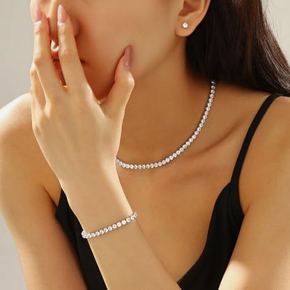 Tennis Jewelry Set for Women 4mm Cubic Zirconia Necklace Bracelet Earring 3Pcs Set Silver Tone Hypoallergenic Iced Out CZ Bridal Accessories Dainty Wedding Party Anniversary Birthday Gift for Her - color: silver 15 inches