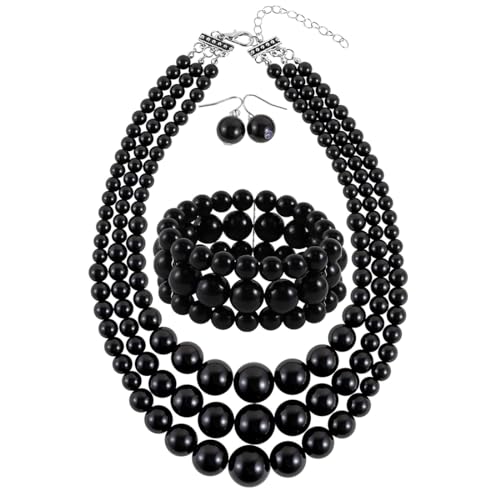 KOSMOS-LI Women's 3 Layer Simulated Pearl Statement 18" Necklace Bracelet and Earrings Jewelry Set Stocking Stuffers - color: Black