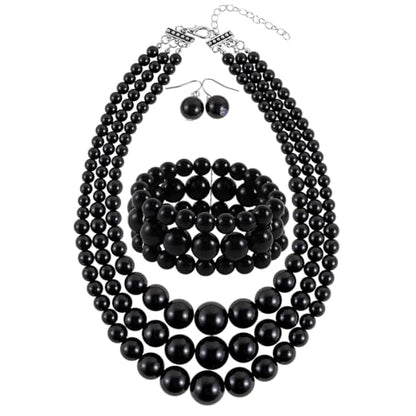 KOSMOS-LI Women's 3 Layer Simulated Pearl Statement 18" Necklace Bracelet and Earrings Jewelry Set Stocking Stuffers - color: Black