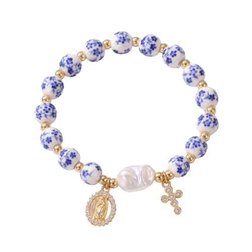 Vintage Ceramic Beads Bracelets for Women Virgin Mary Cross Charm Cubic Zirconia Blue White Porcelain Gold Tone Faux Pearl Stretch Jewelry Gifts
